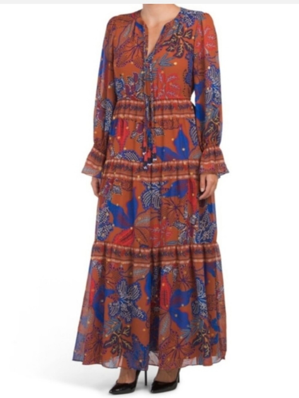 House of Harlow 1960 Rust and Blue Floral Tiered Maxi Dress NWT